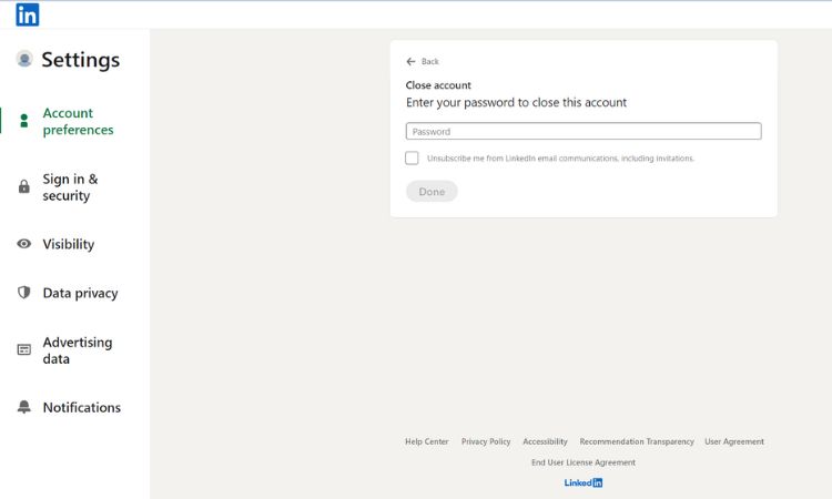 enter the password to delete linkedin account